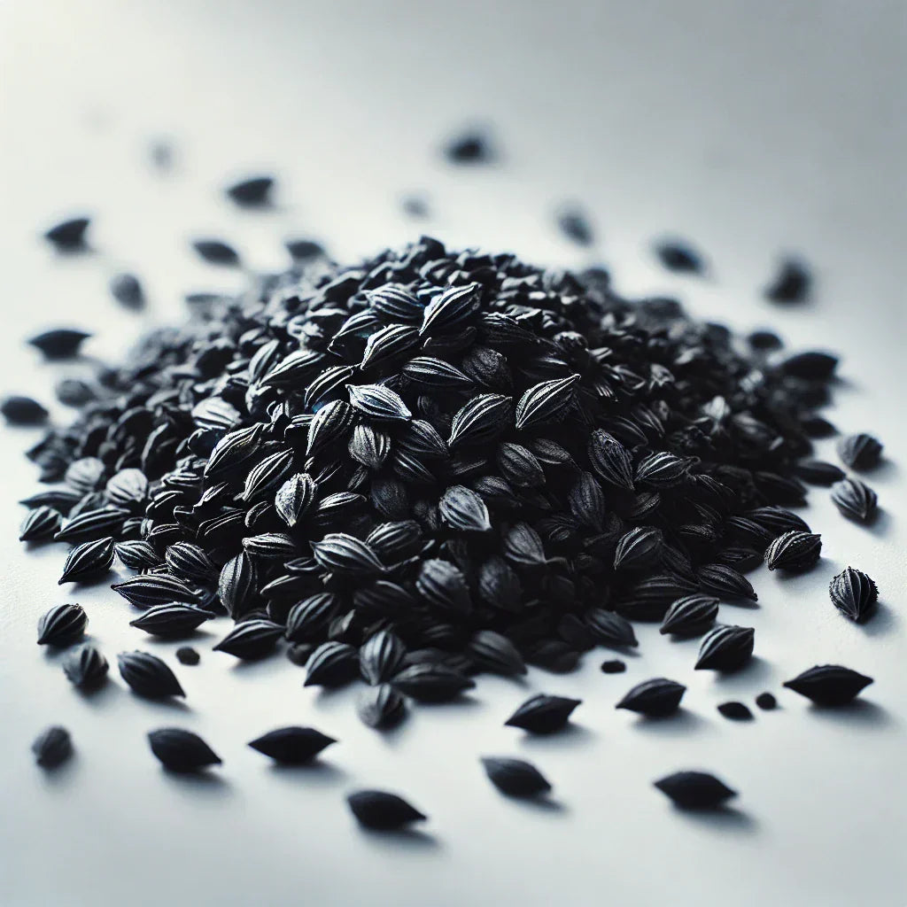 Close-up of black seeds scattered on a surface, commonly used for oil extraction, with awareness of Black Seed Oil Allergy Symptoms.