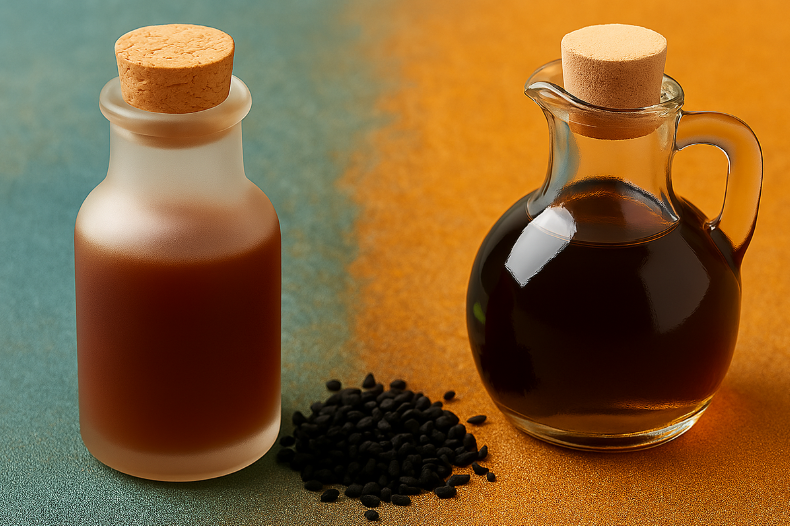 Two bottles of black seed oil: one cold-pressed with deep reddish-brown oil, the other regular oil in a clear bottle.