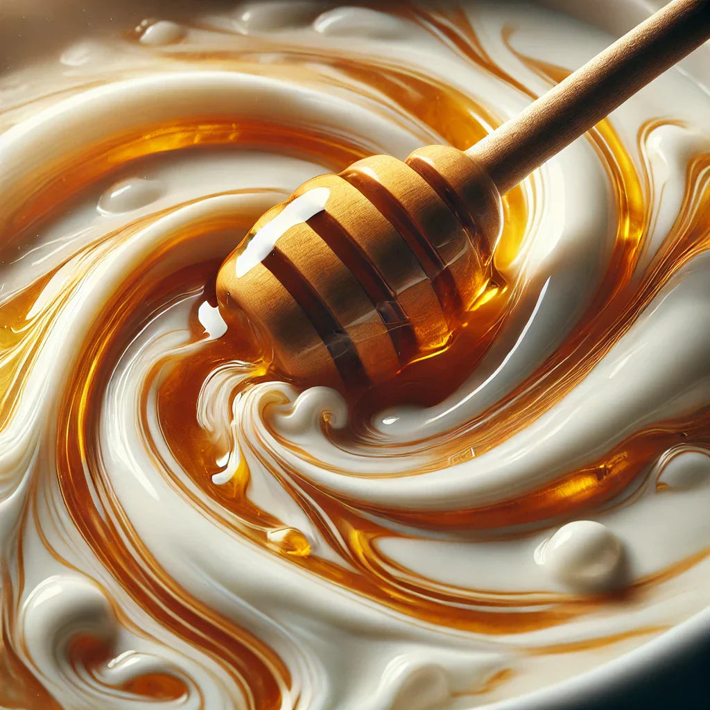 Milk and Honey Benefits – A close-up of golden honey drizzling from a wooden honey dipper into creamy milk, creating a smooth swirl. 