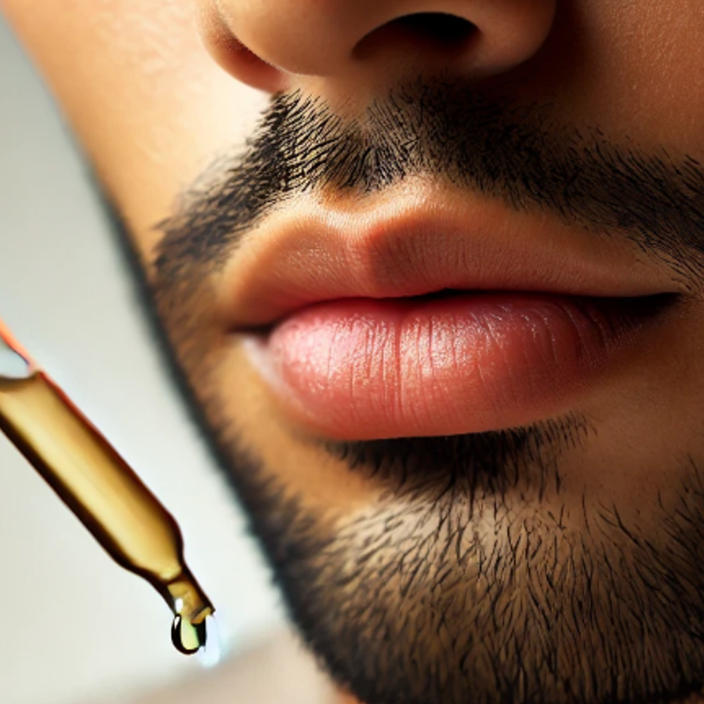 Close-up of a man's beard with a dropper applying oil, raising the question: Is Black Seed Oil Safe for Daily Use in skincare?